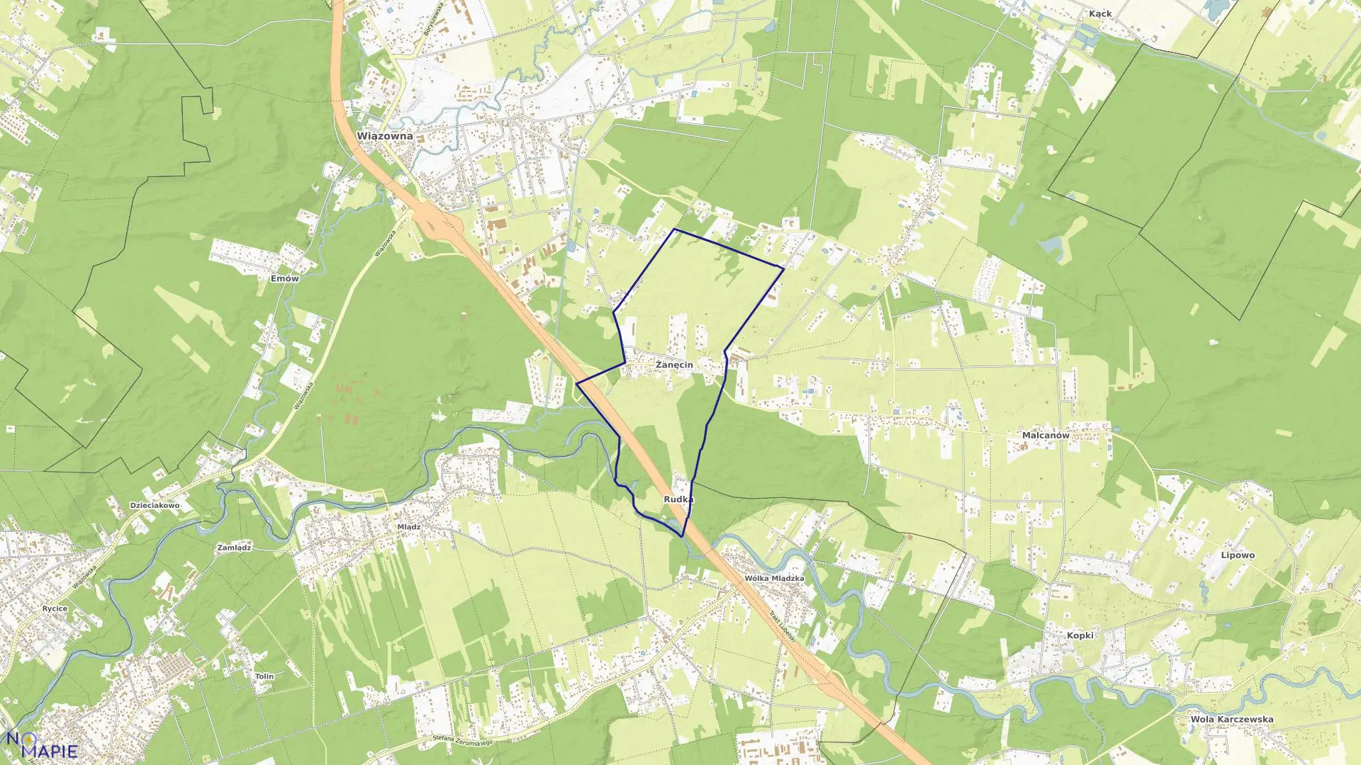 Mapa obrębu ŻANĘCIN w gminie Wiązowna